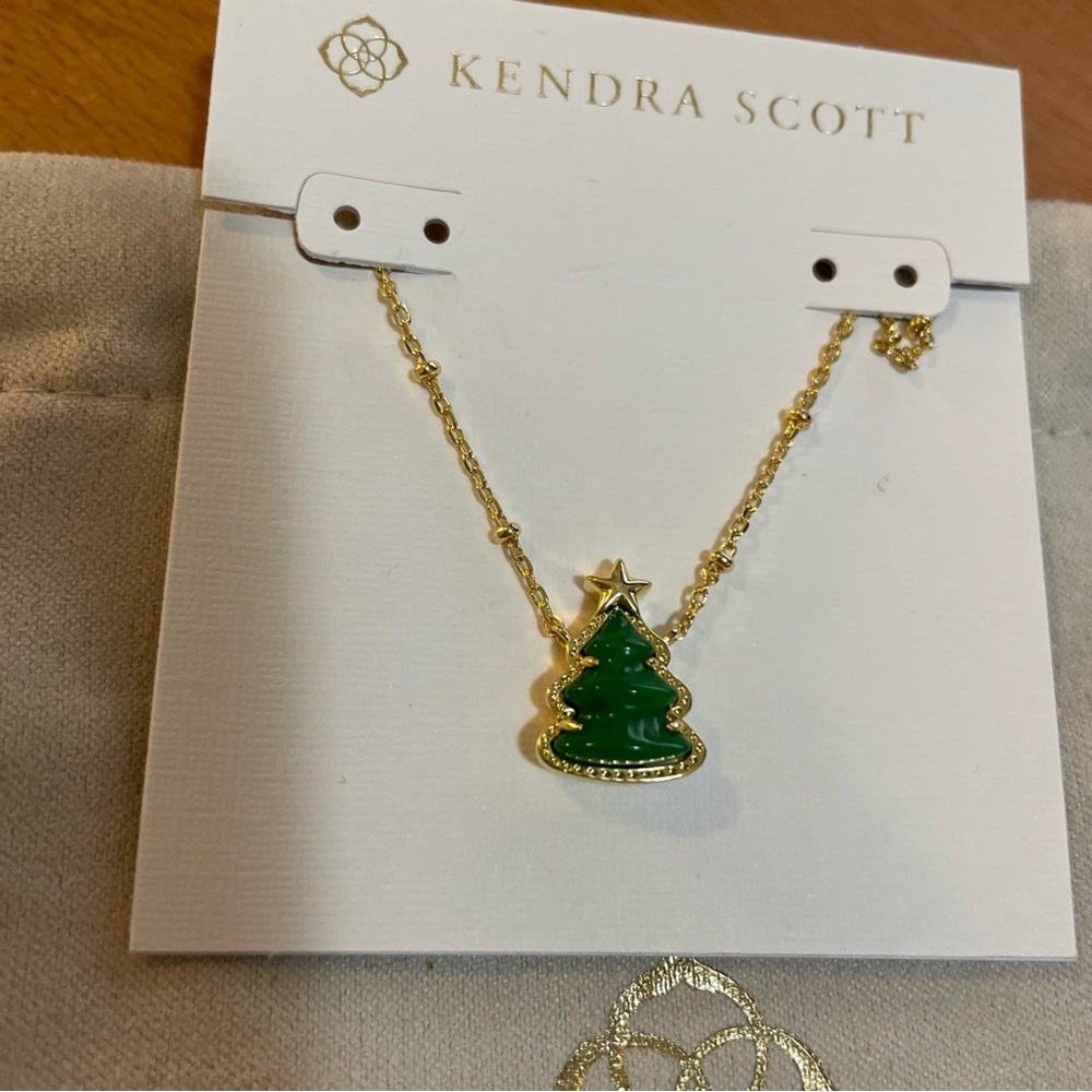 Kendra Scott Holiday Tree Gold Short Pendant Necklace in Green Quartzite NWT